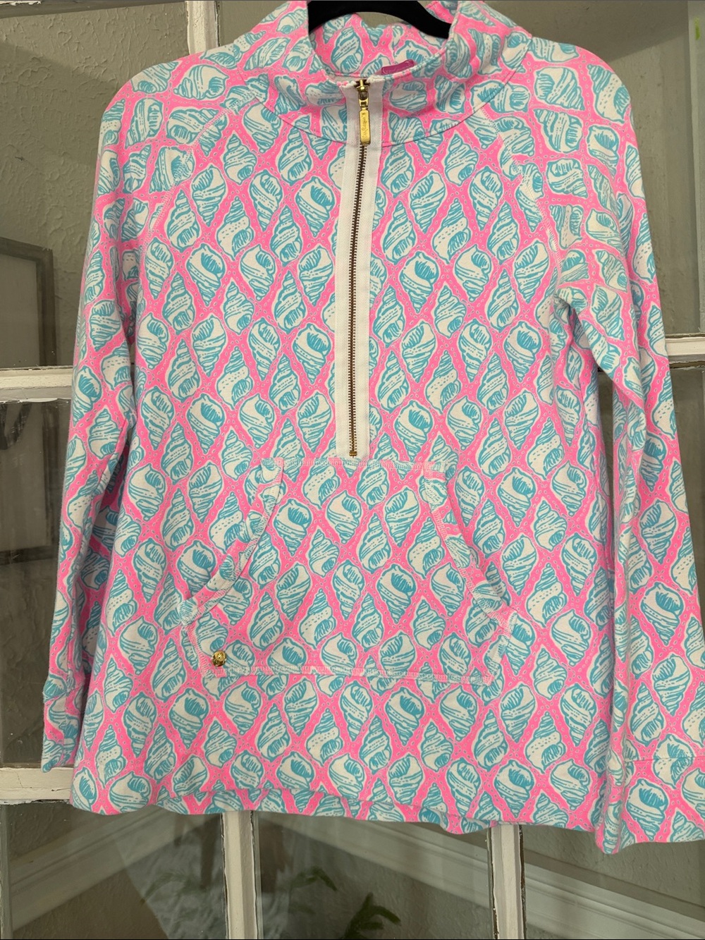 Lily Pulitzer half zip pink and blue shell print best for M